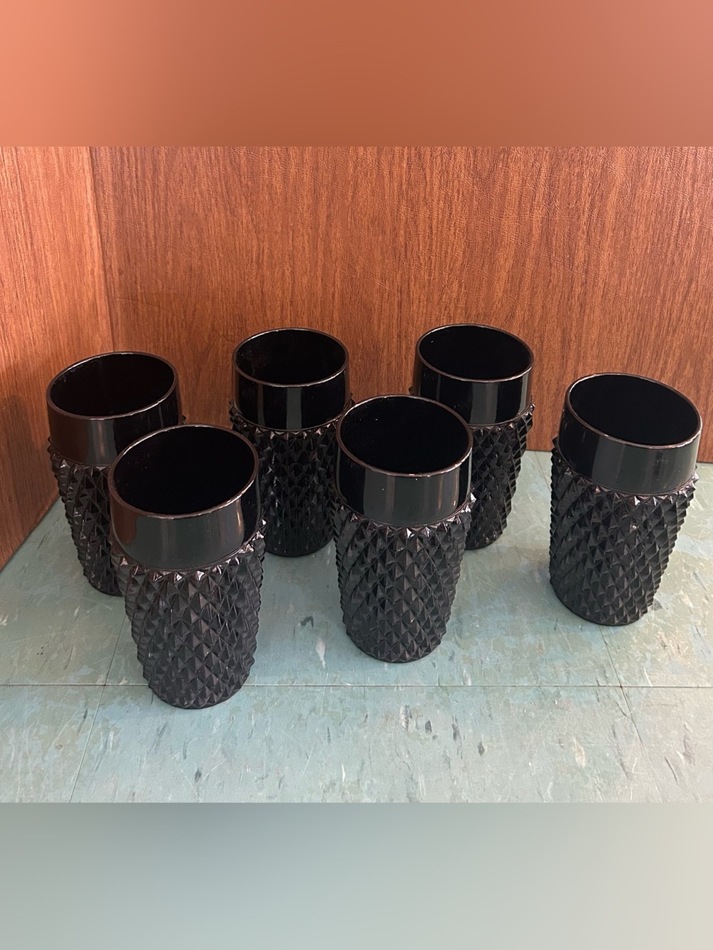 Vintage Indiana Glass Tiara Black Diamond Point Tumblers – 12 oz Set of 6
